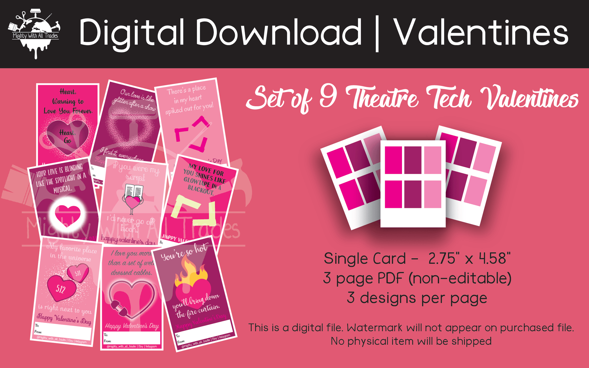 Theatre Tech Valentines, Set of 9, **Digital Download** Greeting & Note Cards
