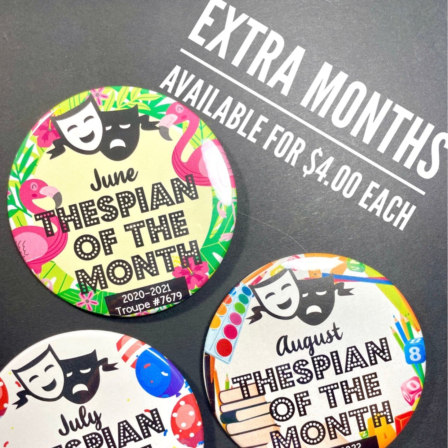 Thespian of the Month Button Set of nine, 3 - 1/2", Large - CLICK TO PERSONALIZE Button Packs