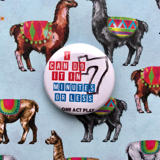 white button with red white and blue graphic on a llama background