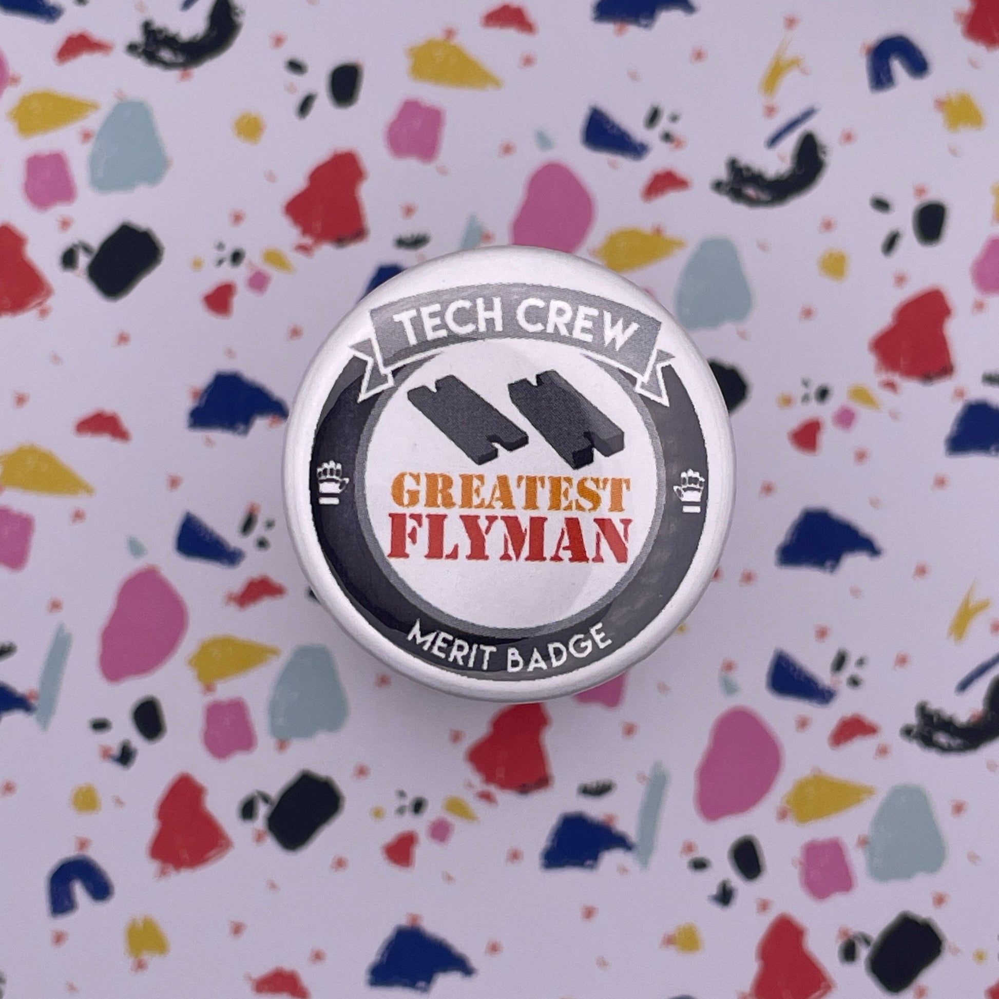 Greatest Flyman Tech Crew Merit Badge, 1-1/2" Button-mightywithalltrades