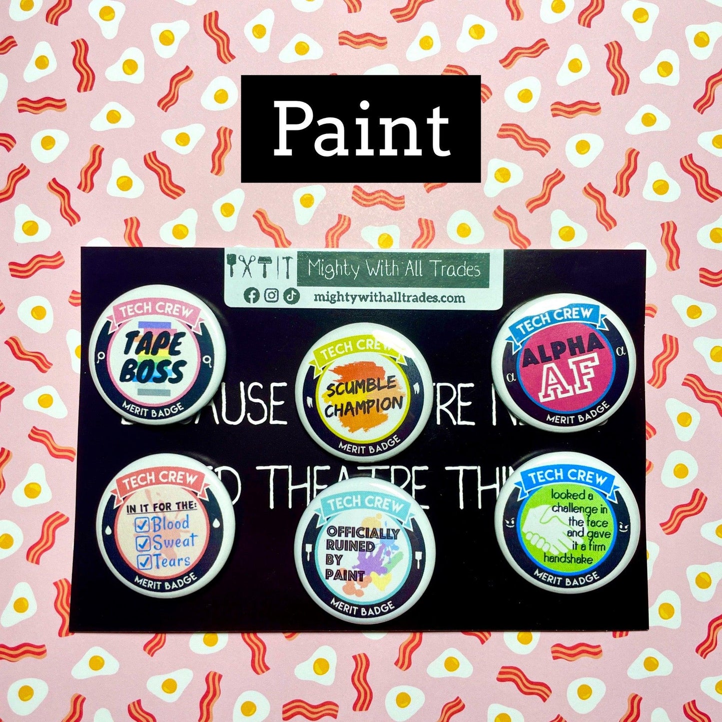 Paint tech button collection on a card on a bacon background