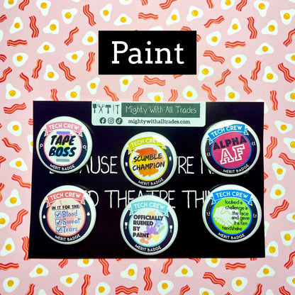 Paint tech button collection on a card on a bacon background