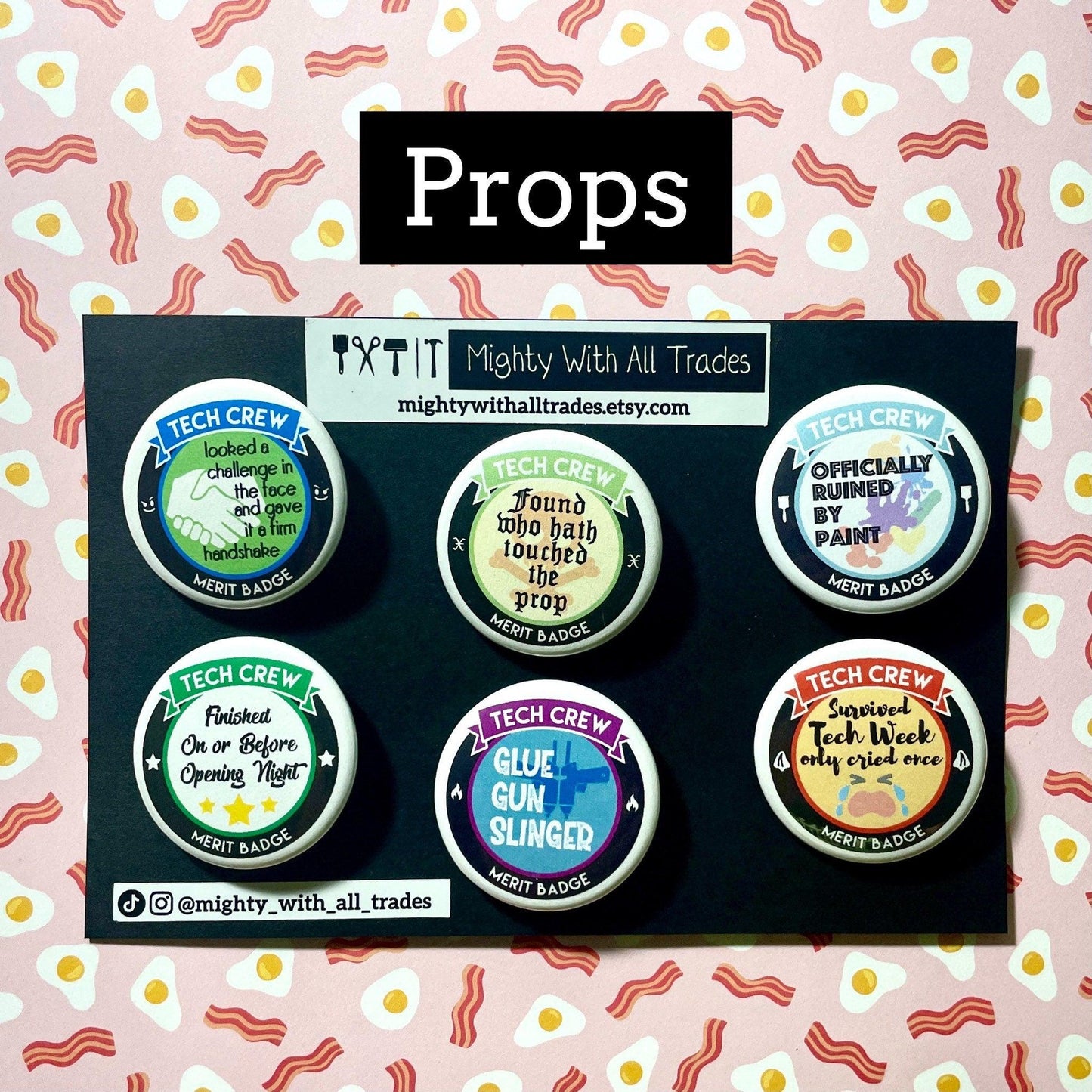 Props tech button collection on a card on a bacon background