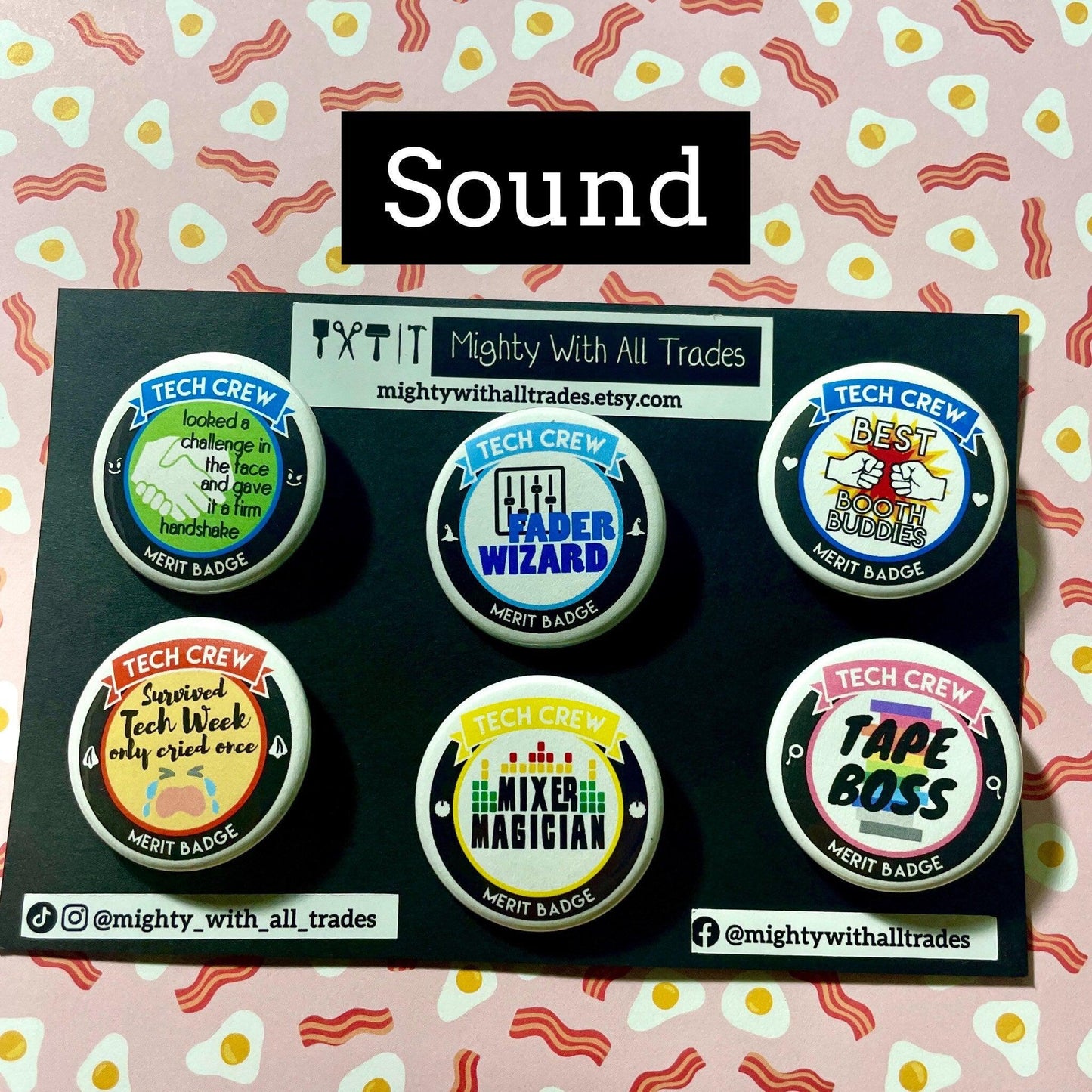 sound tech button collection on a card on a bacon background