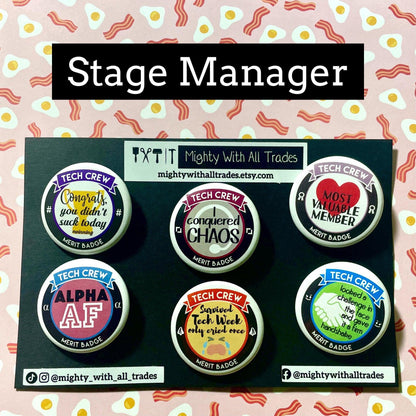 BUTTON PACK Merit Badges, Set of 6 Button Packs Stage Manager Button