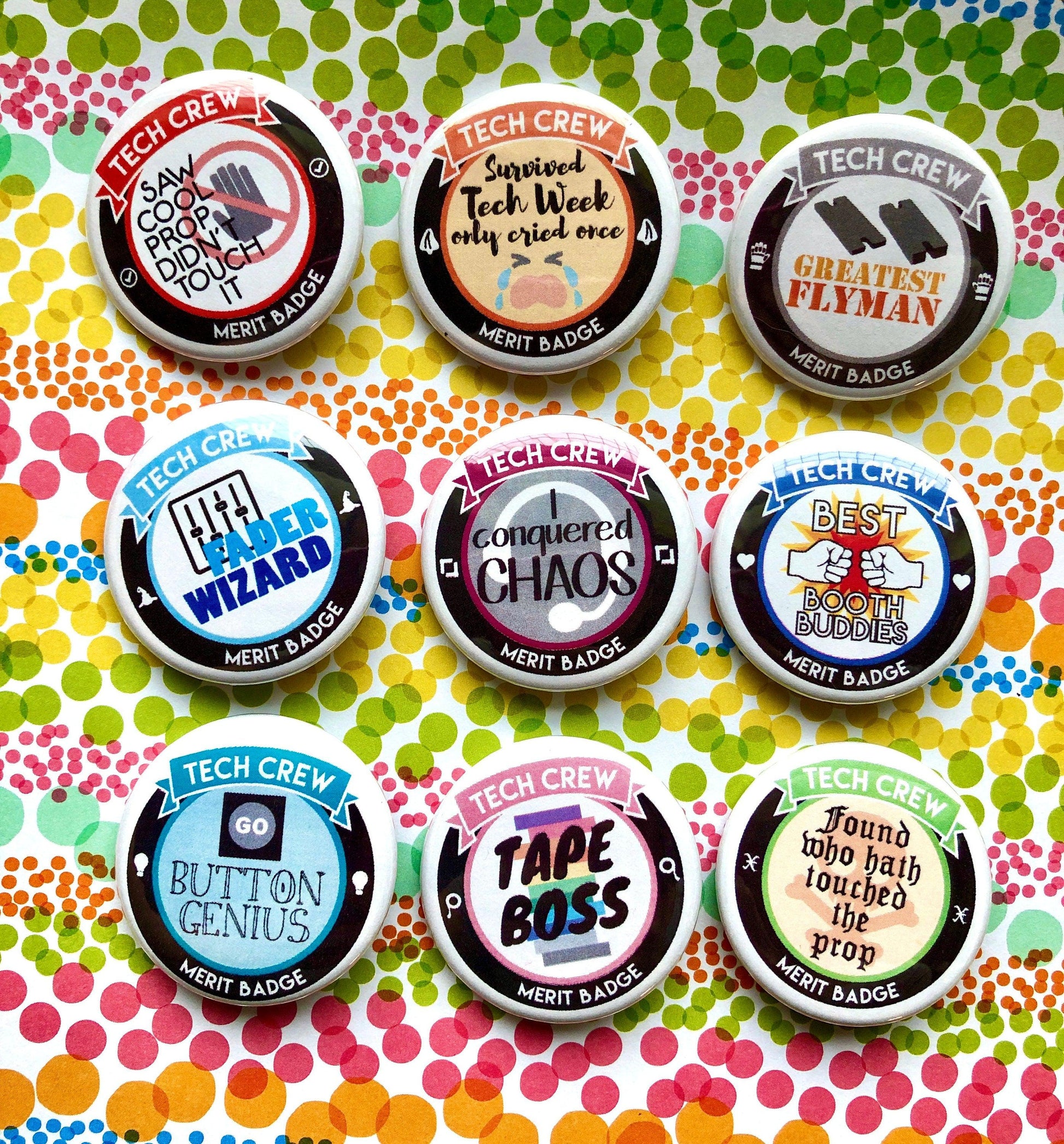 Pick Any 3 Theatre Tech Crew Merit Badges, 1-1/2" Buttons-mightywithalltrades