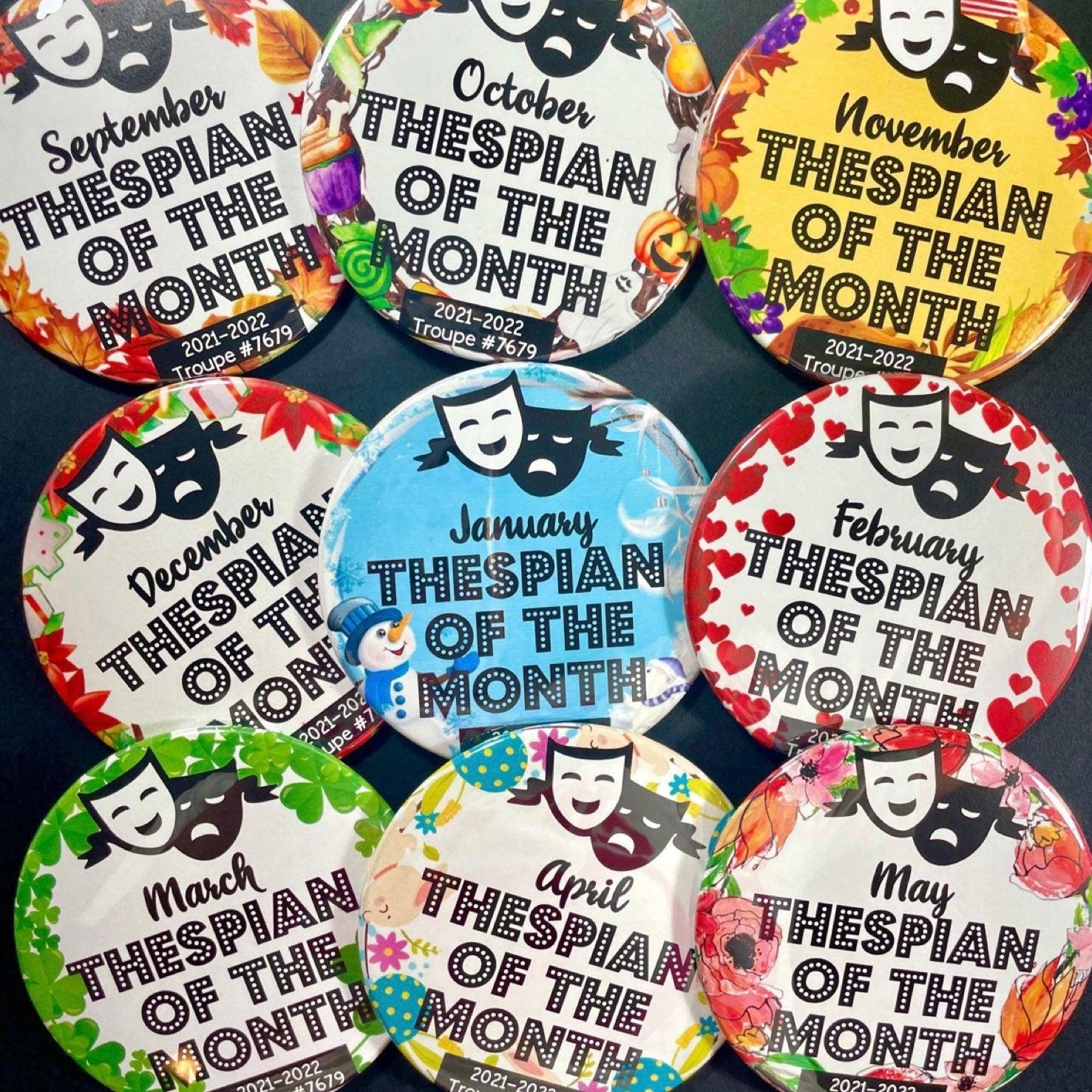 Thespian of the Month Button Set of 9, 3-1/2"-mightywithalltrades