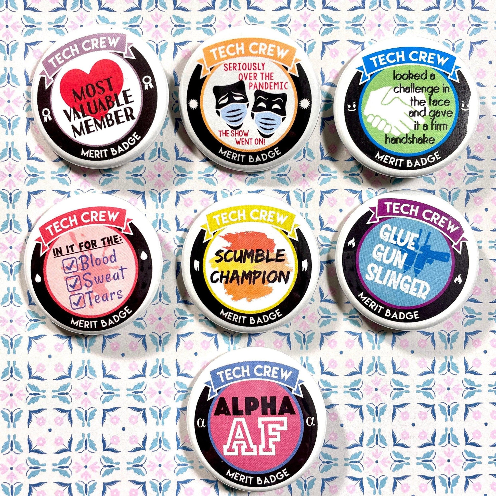 Pick Any 3 Theatre Tech Crew Merit Badges, 1-1/2" Buttons-mightywithalltrades