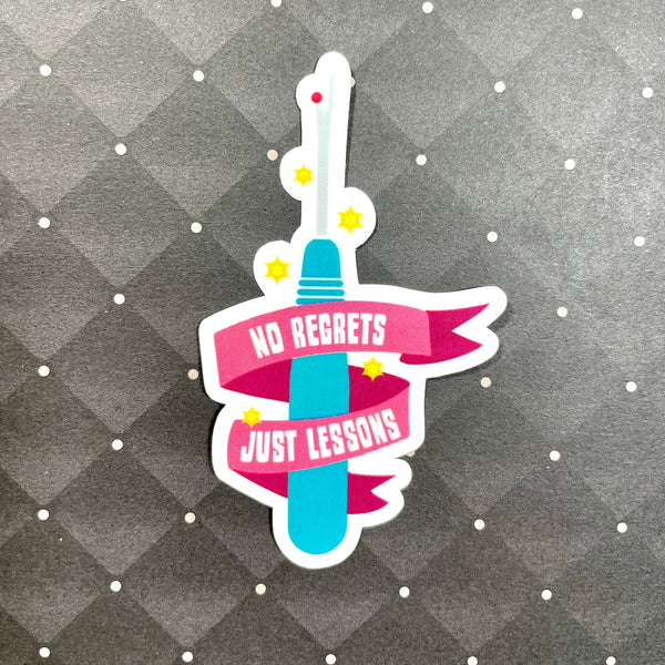 No Regrets Seam Ripper Sticker-theatre stickers decals-mightywithalltrades