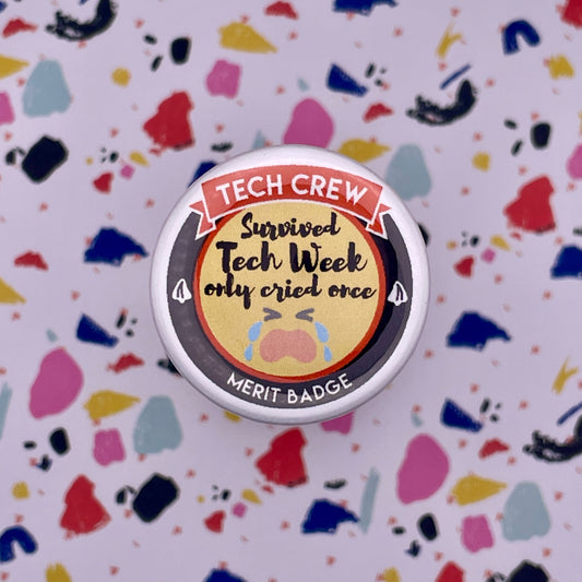 survived tech week graphic with crying face on yellow graphic on colorful background 